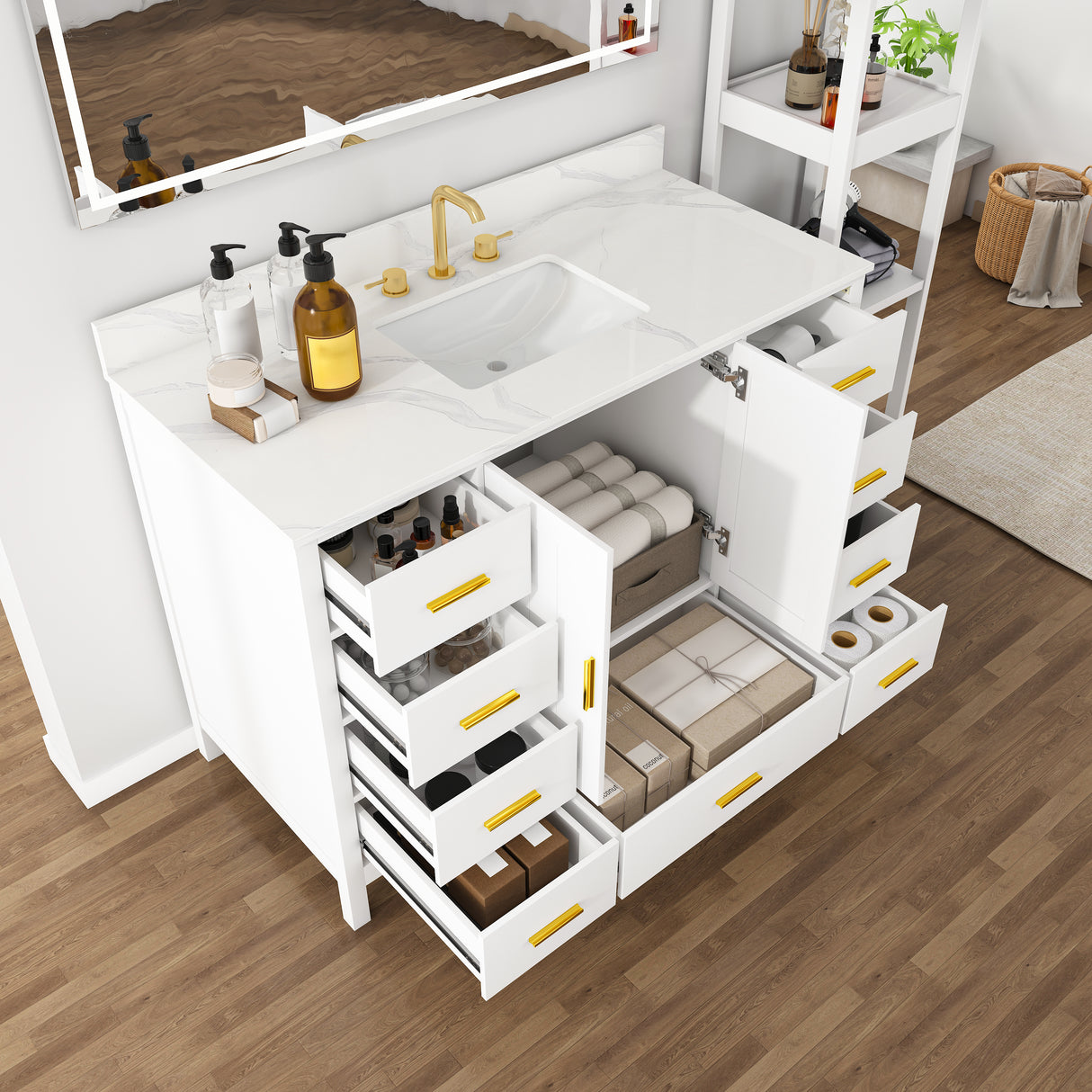 48" Modern Solid Wood Bathroom Vanity with Sink, 49" Carrara