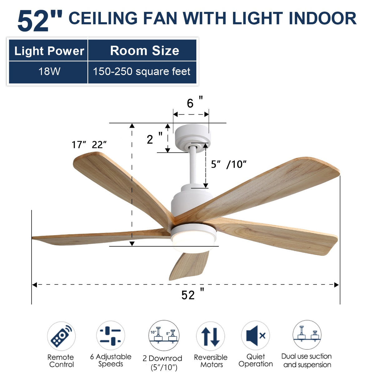 52 Inch Ceiling Fan With Dimmable LED Light and Remote Control