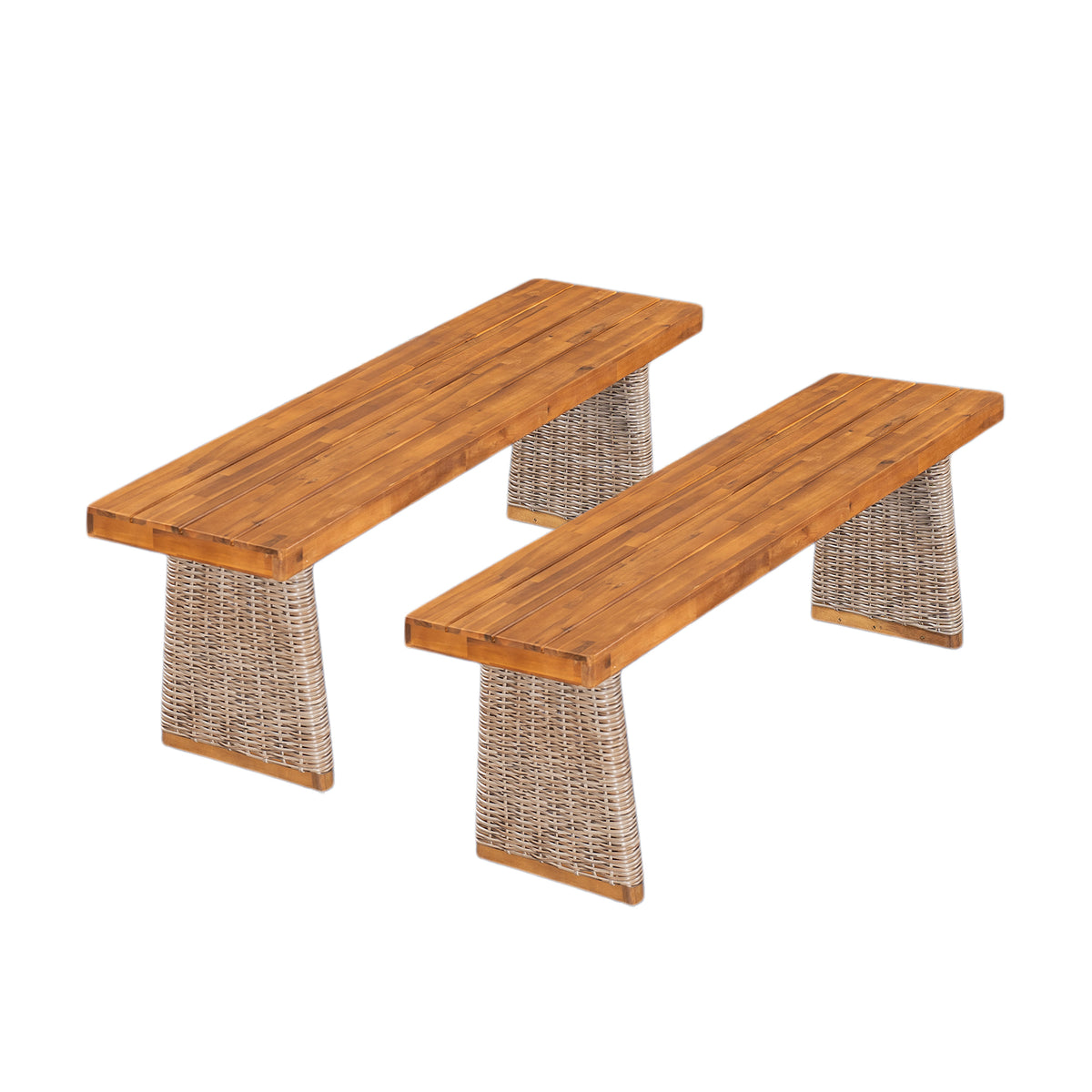 Outdoor Acacia Wood Bench (Set of 2), Teak Finish