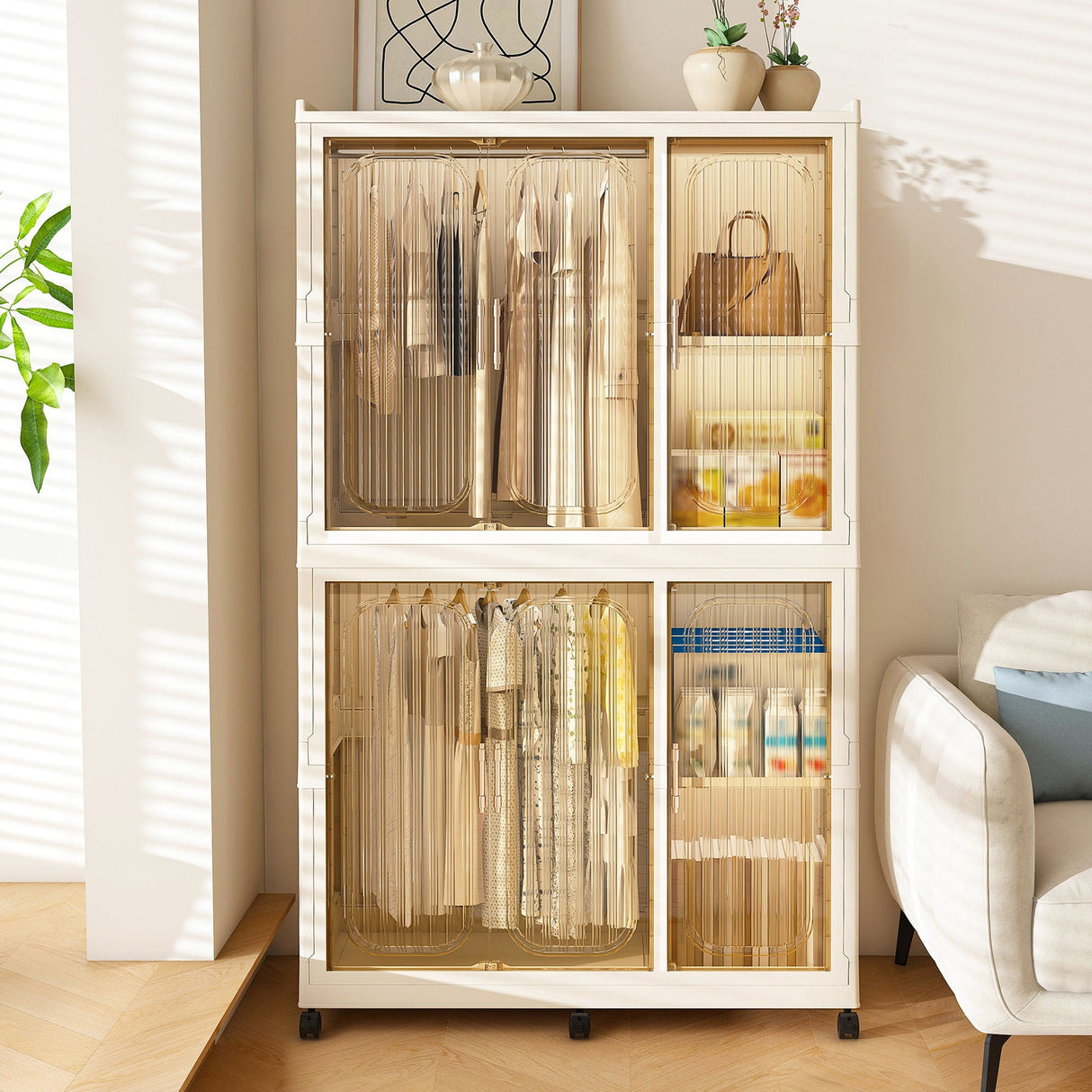 Portable Wardrobe Closet Storage Organizer For Clothes, 6 Magnetic Doors With 6 Cubes & 2 Hanging Rods, 6 Hangers - Cream White