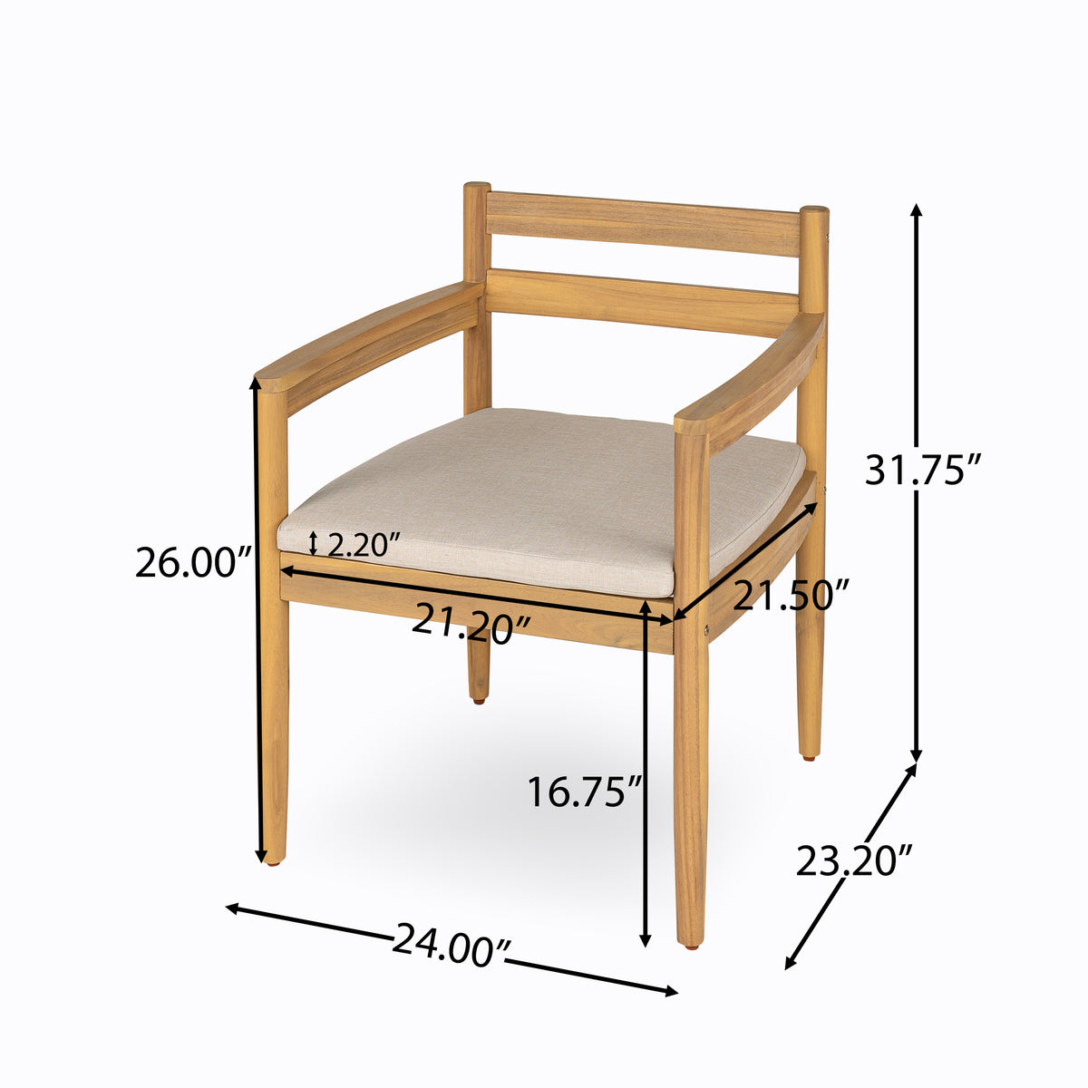 Outdoor Acacia Dining Armchair with Cushions, Set of 2