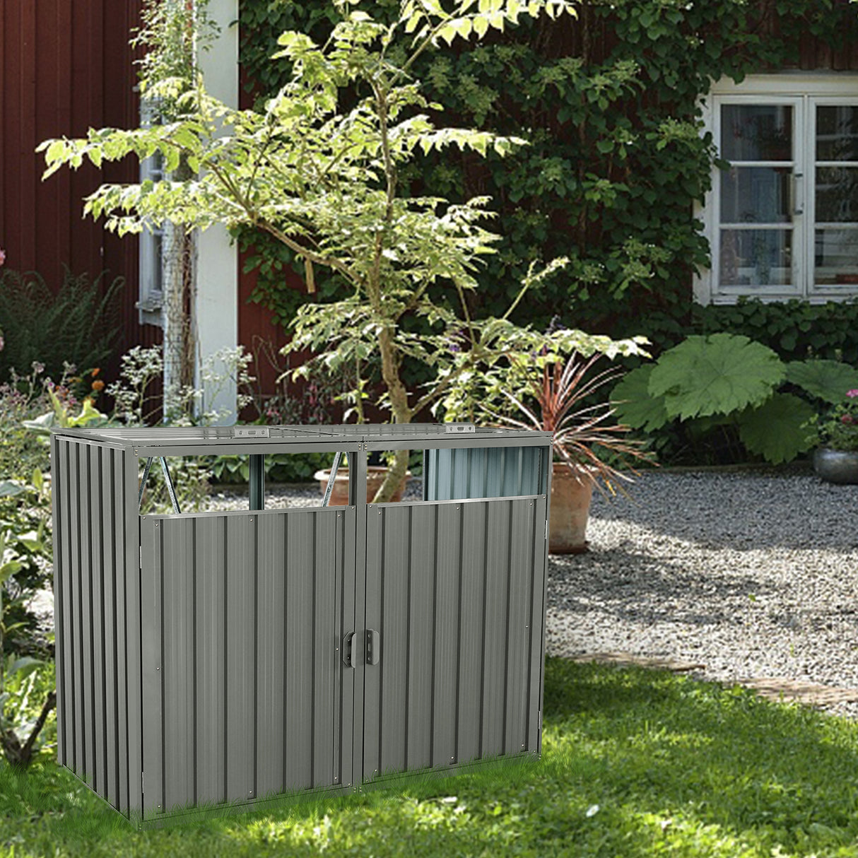 Outdoor Metal Garbage Bin Shed for Two Trash Cans