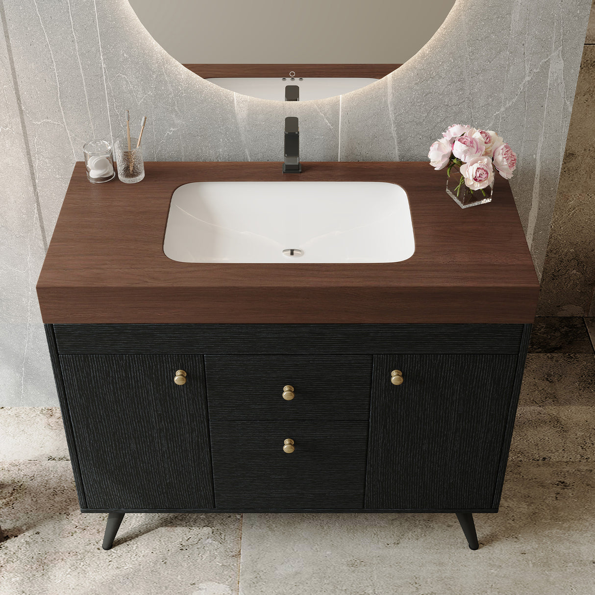 36" Modern Freestanding Bathroom Vanity with Sintered Stone Top, Ceramic Sink & Smart Storage
