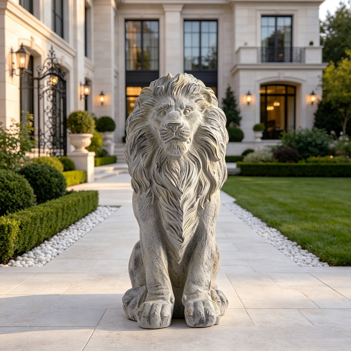 Outdoor Lion Statue with Antique Finish - Stone White
