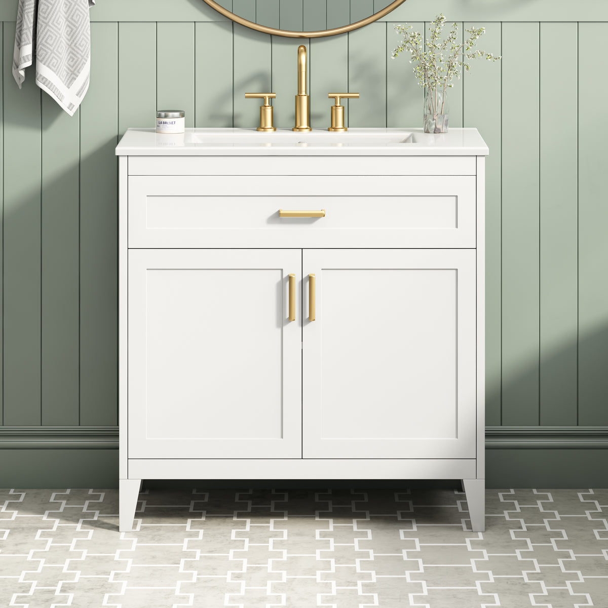 30-Inch Bathroom Vanity with Ceramic Sink Top, Soft-Close Doors, White