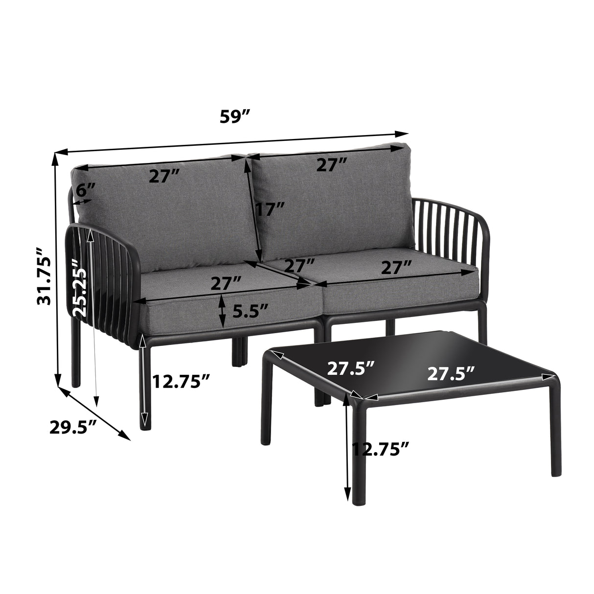 3 Piece Patio Conversation Sets, Modern Outdoor Patio Sectional Furniture Set with Square Coffee Table