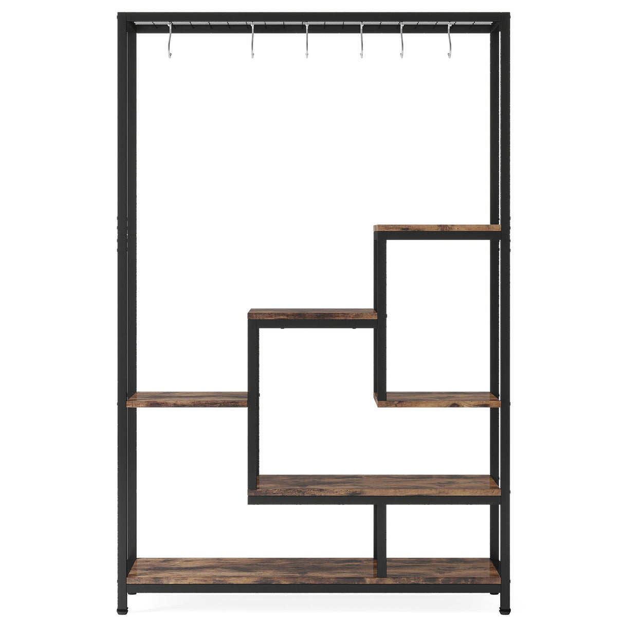 5 Tier Plant Stand with 6 Hooks for Living Room - Brown / Black