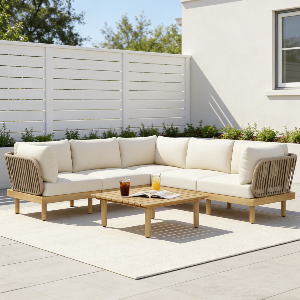 6-Piece Acacia Wood L-Shaped Modular Outdoor Sofa Set