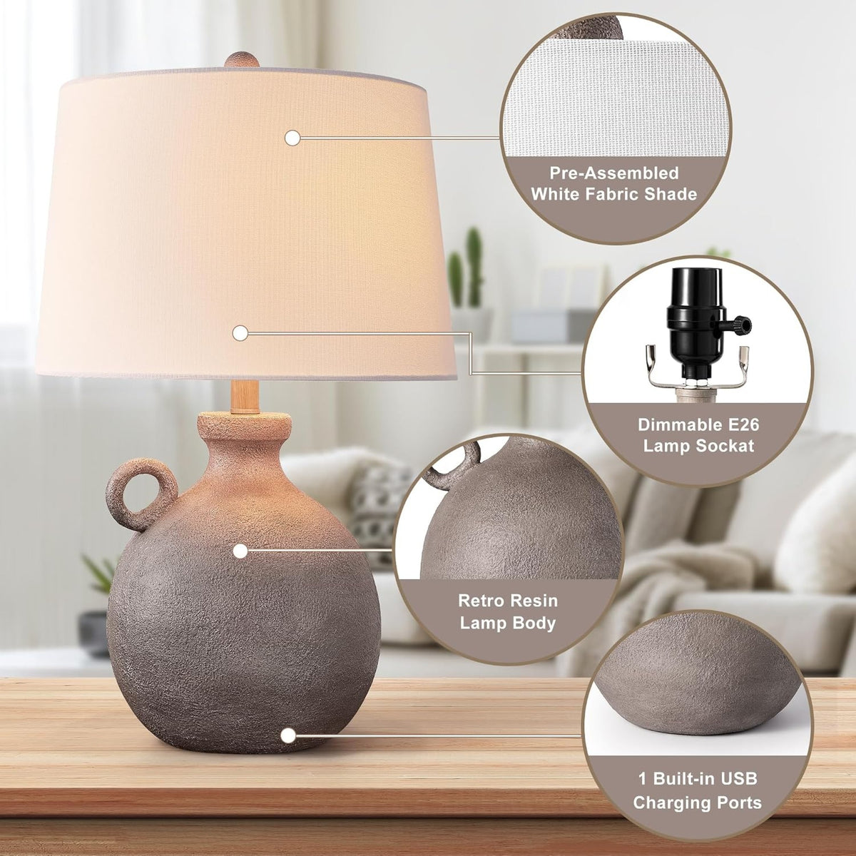 24-Inch Farmhouse Table Lamp, Resin Base with USB Port, Brown