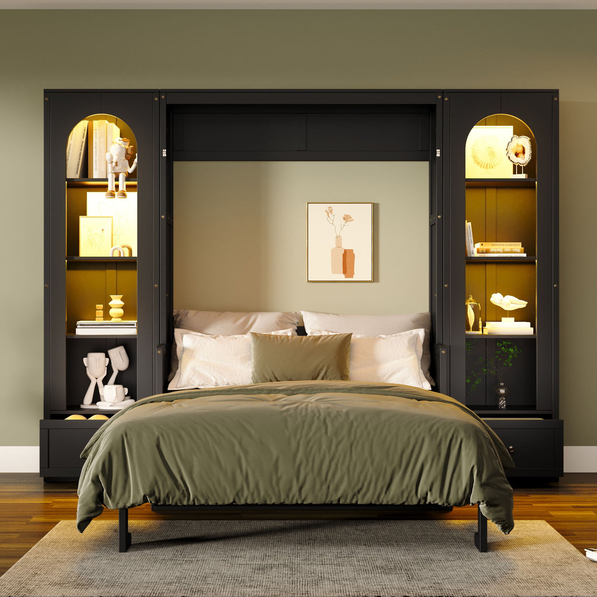 French Style Murphy Platform Bed With Shelf, Side Cabinets, Drawers And LED