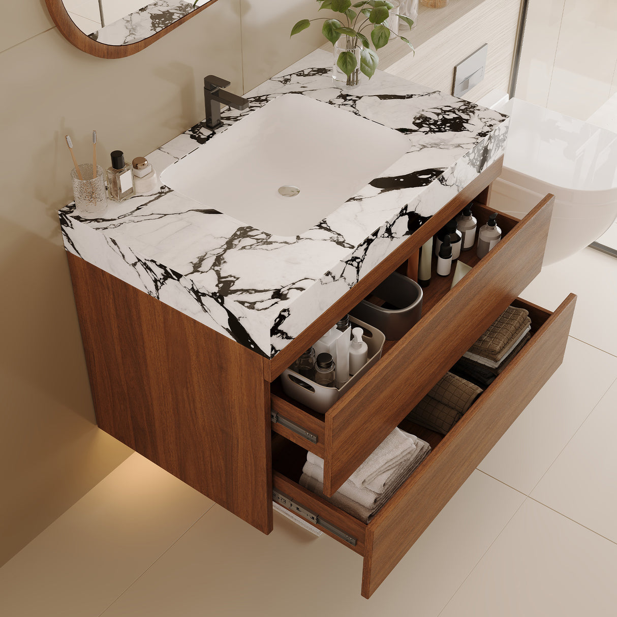 29.9" Modern Floating Bathroom Vanity with Faux Marble Top