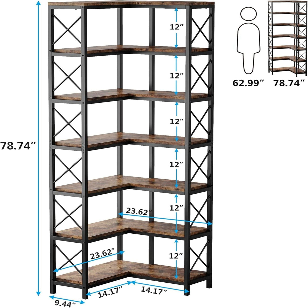 7 Tier Corner Bookshelf Storage Unit for Living Room