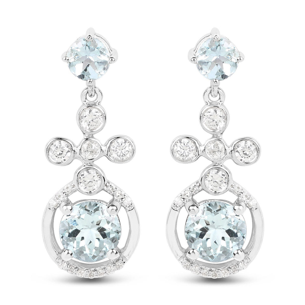 4.42 Carat Genuine Aquamarine and White Zircon .925 Sterling Silver Earrings