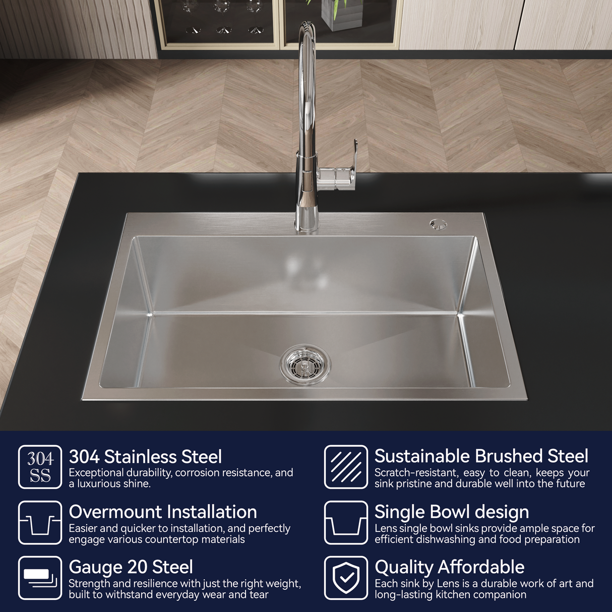 Stainless Steel Kitchen Sink, 30″x19″ Single Bowl, Overmount, Brushed Nickel