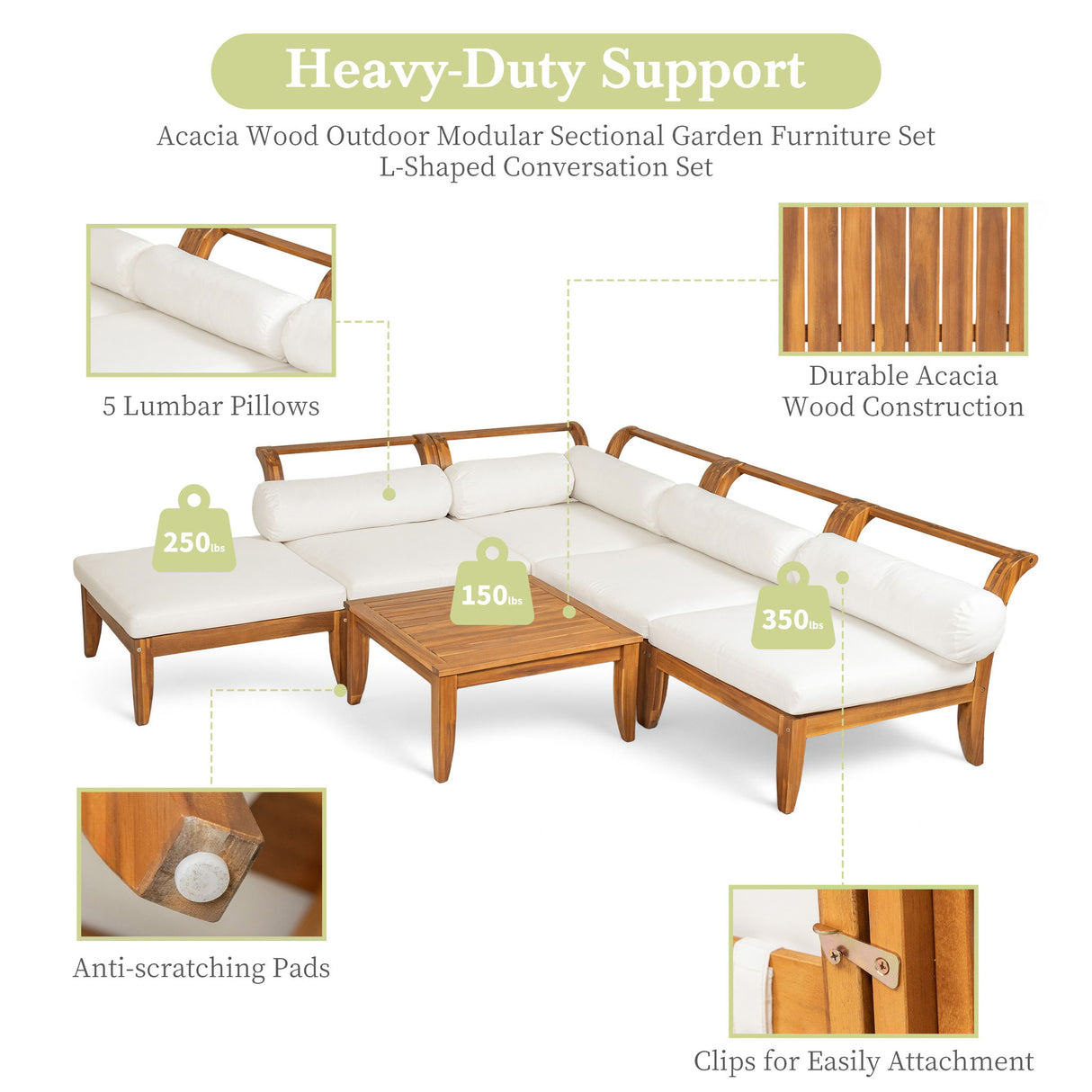 6 Piece Patio Sofa Set, Acacia Wood Outdoor Modular Sectional Garden Furniture Set L Shaped Conversation Set, Convertible Daybed With Tea Table, Ottoman, 5 Cushions And Pillows - Teak / Beige