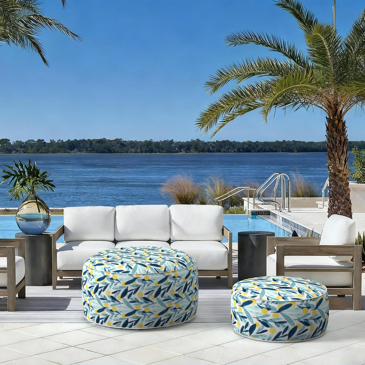 Outdoor Inflatable Ottoman - Coastal Leaves