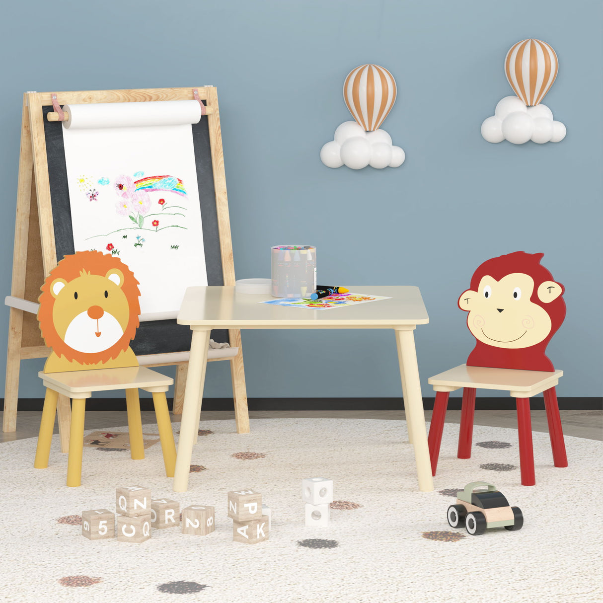 Kids Table And 2 Chairs Set, 3 Pieces Toddler Table And Chair Set, Wooden Activity Play Table Set (Lion&Monkey) - Natural