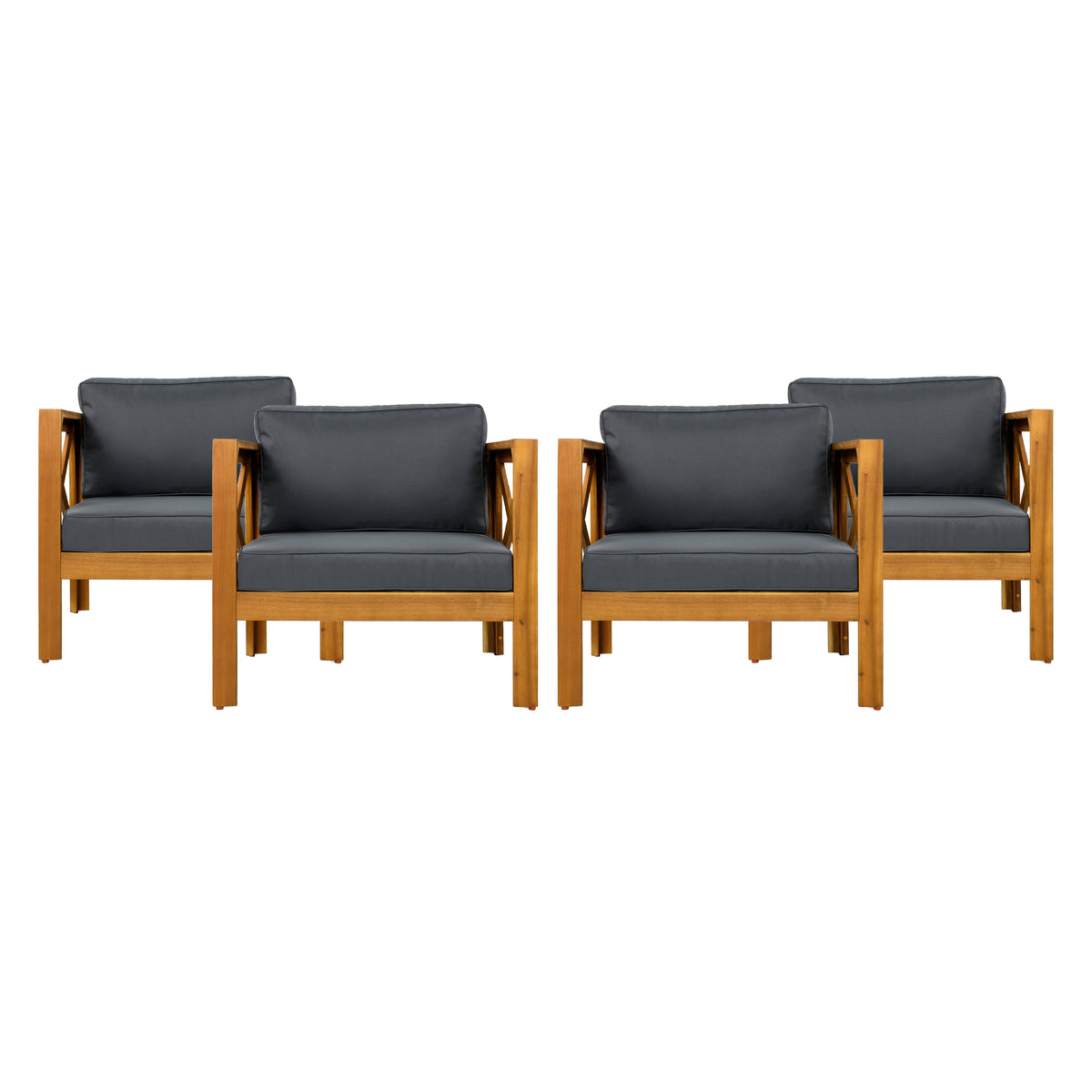 Outdoor Acacia Wood Club Wooden Armchair with Cushions (Set of 4)