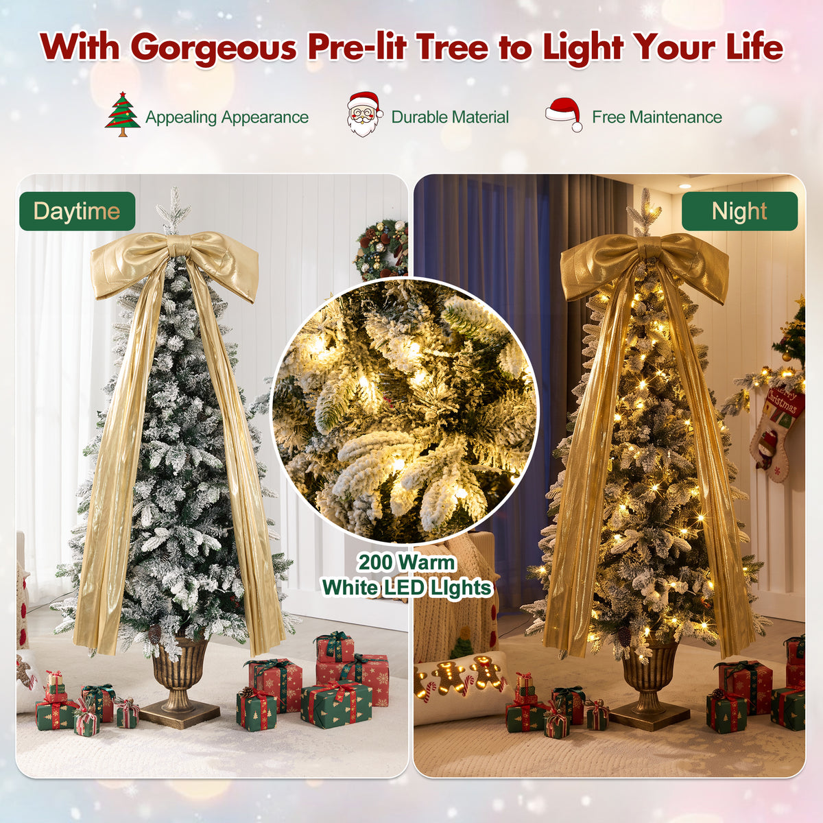 6FT Pre-Lit Flocked Christmas Tree with 42 Real Pine Cones