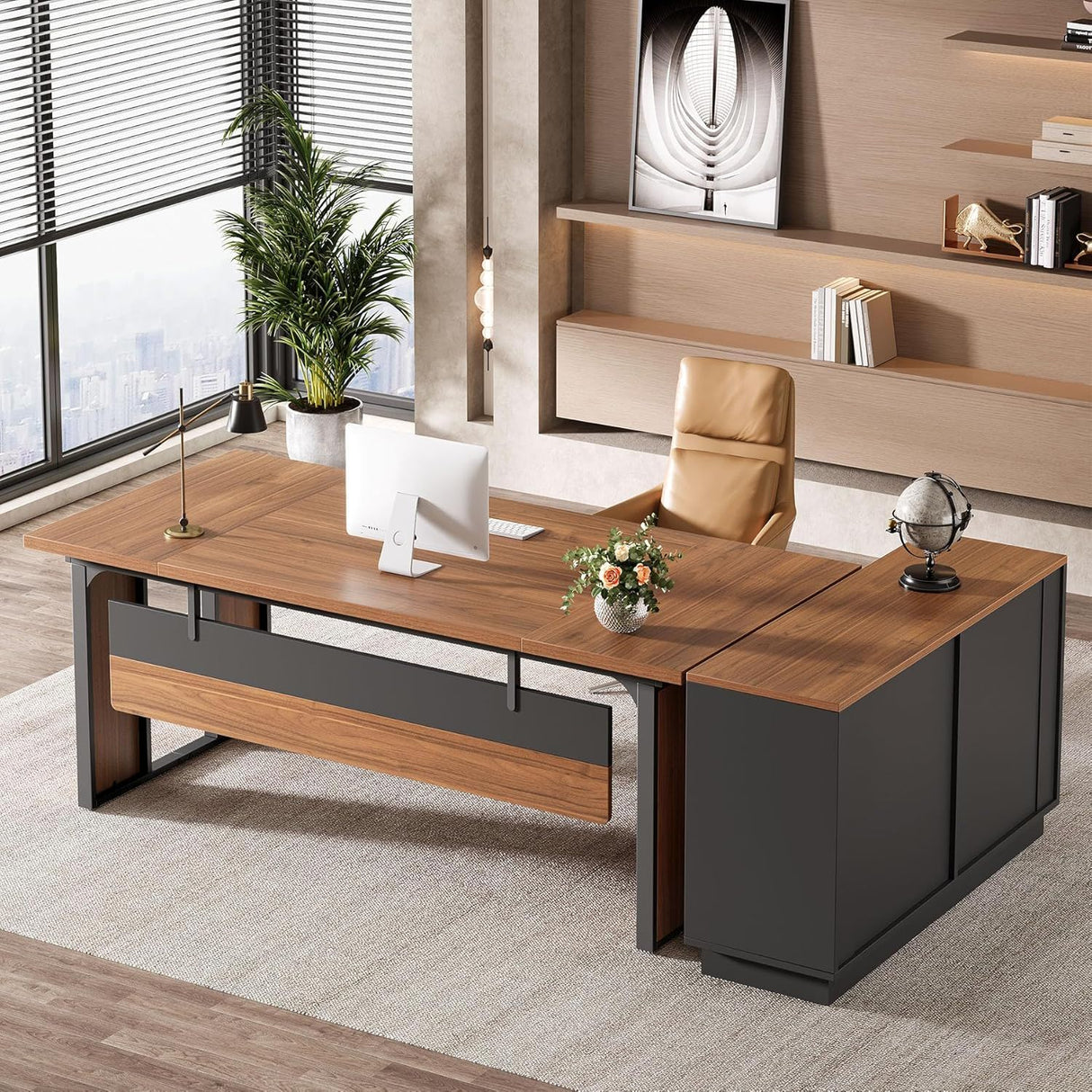 L-Shaped Executive Desk With File Cabinet, Office Computer Desk With Drawers & Open Shelves, Workstation For Home Office - Brown / Black