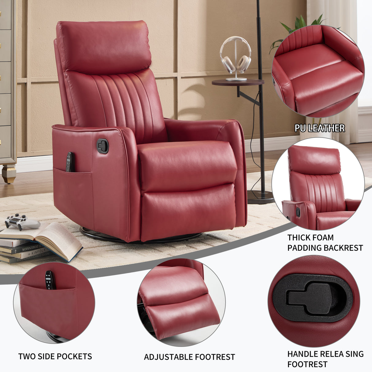 Red Faux Leather Heat Massage Manual Recliner Chair with Rocker and Swivel