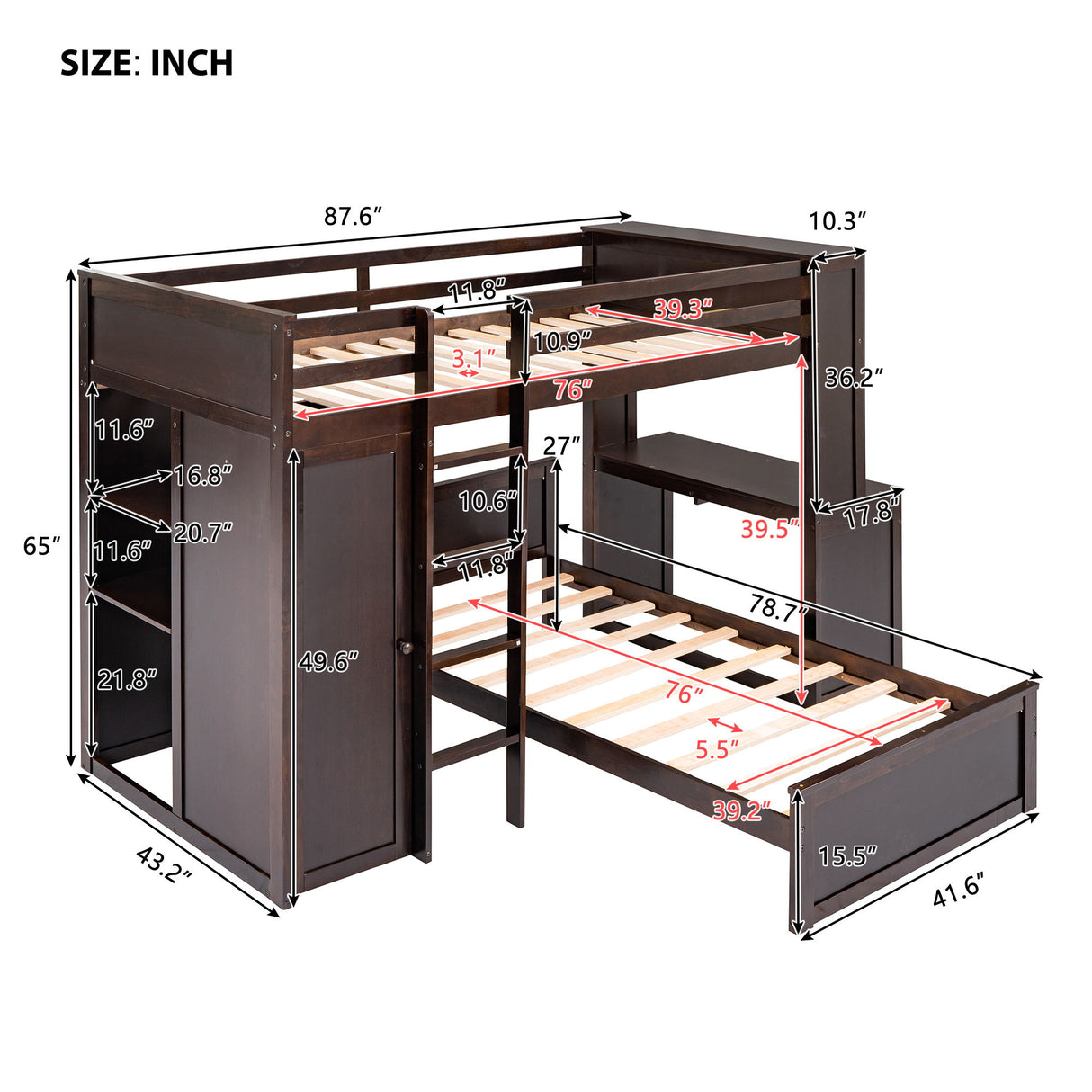 Loft Bed With A Stand Alone Bed, Shelves, Desk, And Wardrobe
