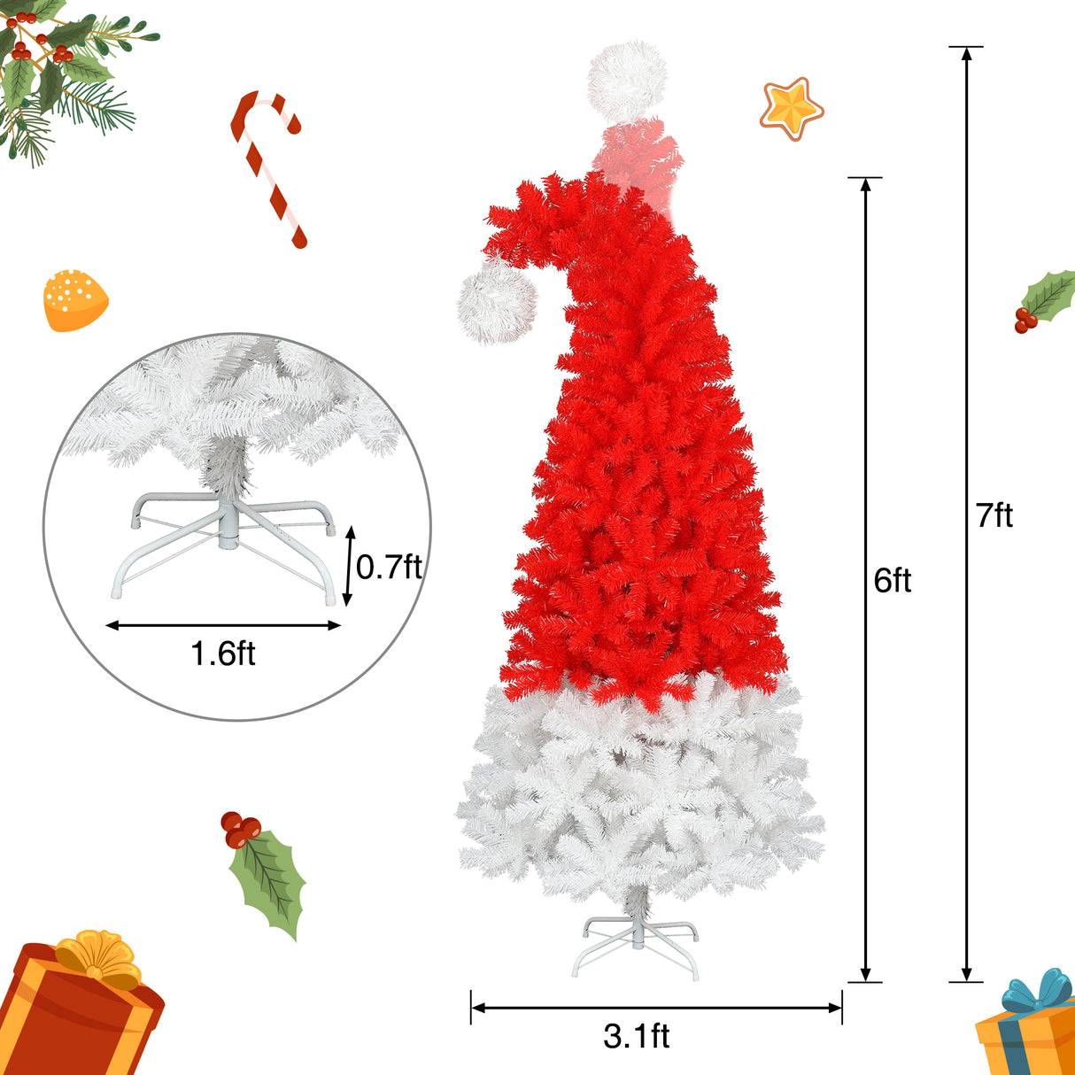 6FT Artificial Christmas Tree with LED Light, Santa's Hat Shape