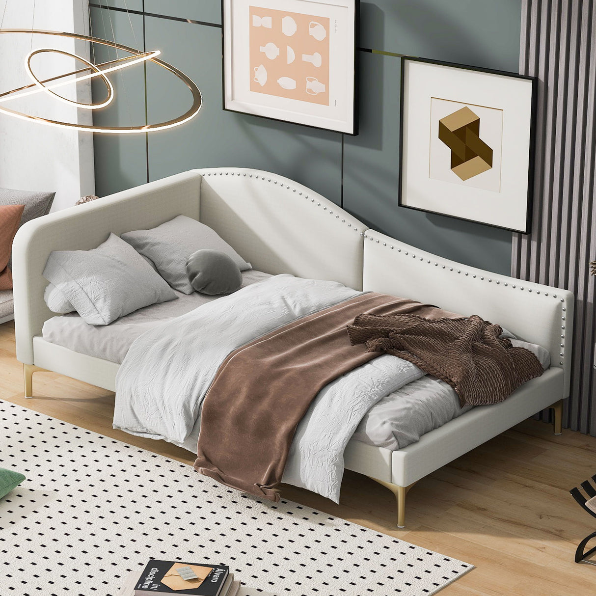 Upholstered Daybed With Headboard And Armrest, Support Legs