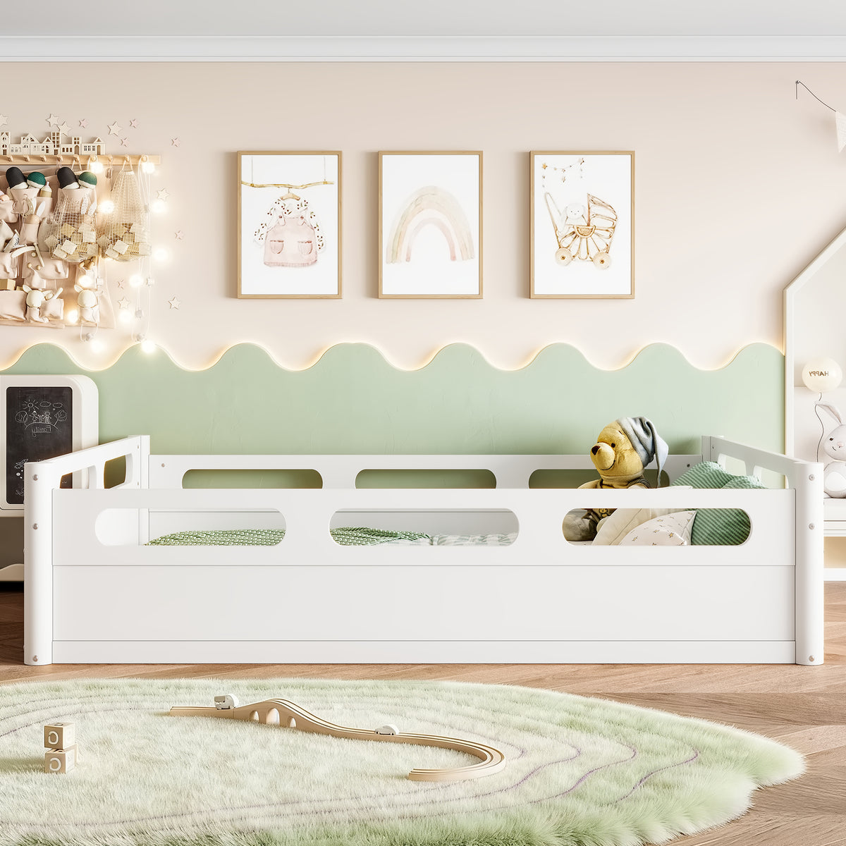 Full Size Floor Platform Bed with Full-length Guardrails