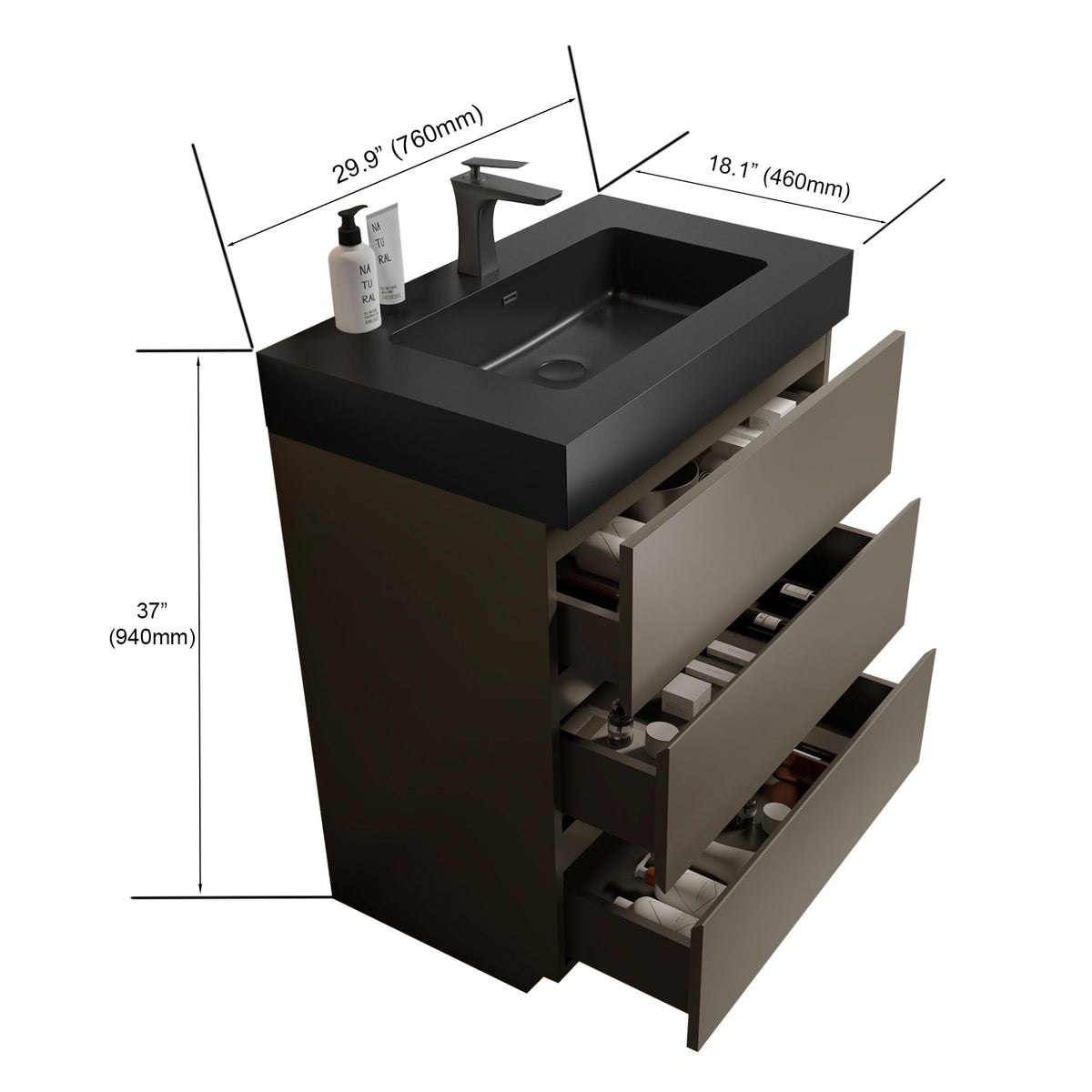 Alice 30" Bathroom Vanity, Gray with Matte Black Sink