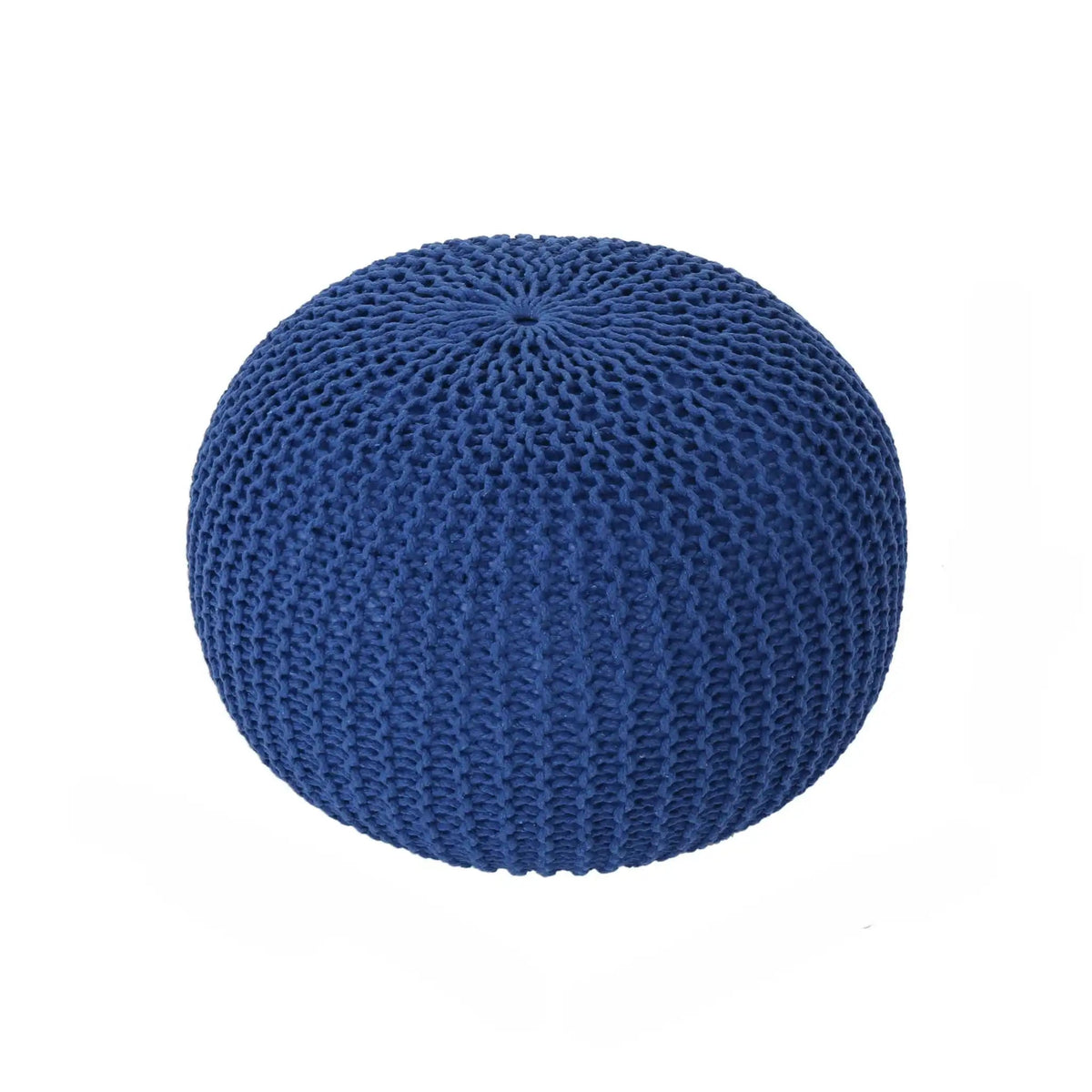 Bazar Knitted Cotton Round Pouf Ottoman with Soft Textured Cover in Blue