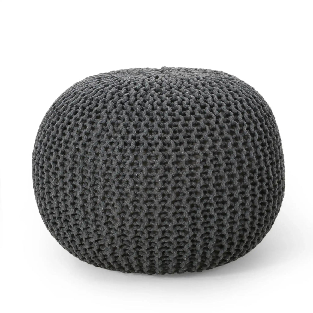 Bazar Knitted Cotton Round Pouf Ottoman with Soft Textured Cover in Dark Gray