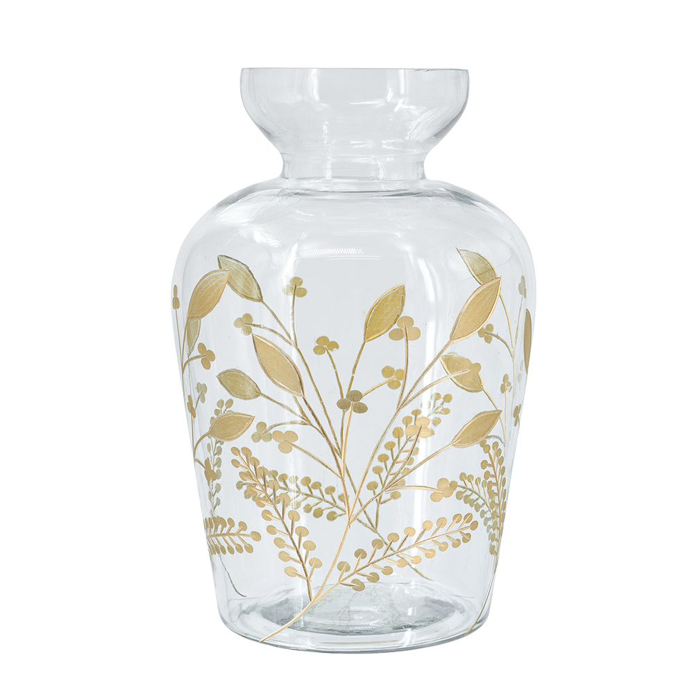 Curved Glass Accent Vase with Gold Floral Motifs, 12.6-Inch, Multicolor