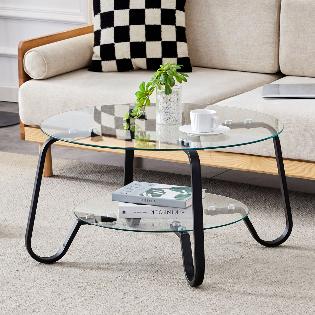 Retro Minimalist Style Metal Frame Double Layer Tempered Glass Coffee Table