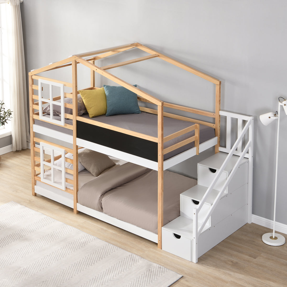 Twin Over Twin Bunk Bed House Bed With Roof and Storage