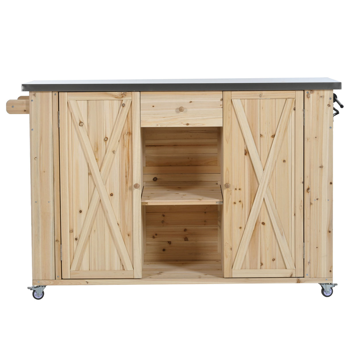 Outdoor Kitchen Island With Stainless Steel Top, Ample Storage Space, Towel And Spice Racks And A Bottle Opener