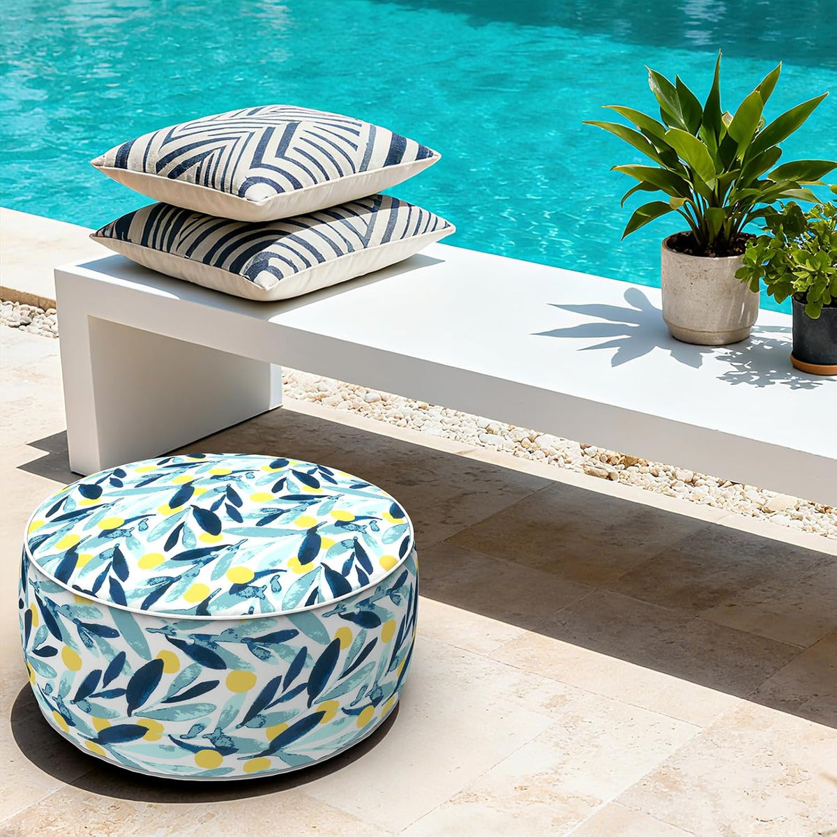 2 Pack Outdoor Inflatable Ottoman 21"x21"x9" - Coastal Leaves