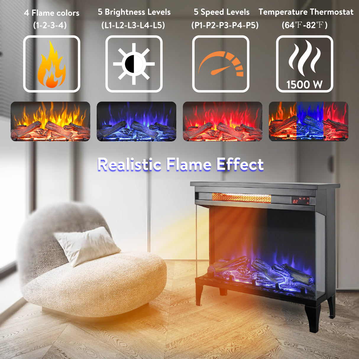 24 Inch Three-Sided Glass Electric Fireplace