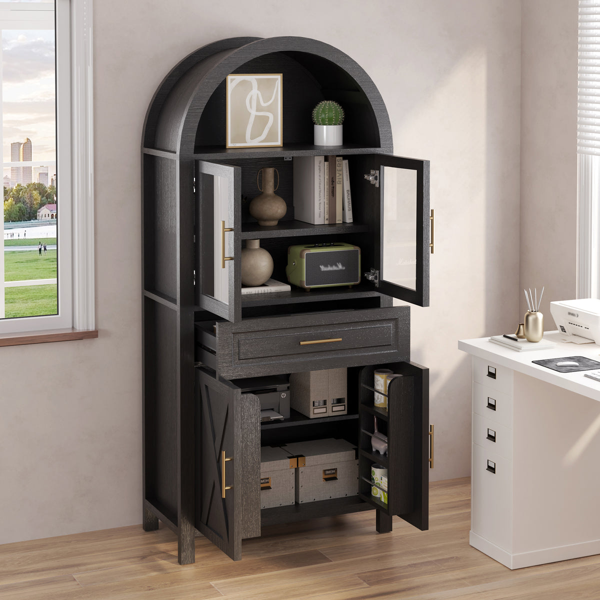 71-Inch Arched Kitchen Pantry Cabinet with Glass Barn Door, Black