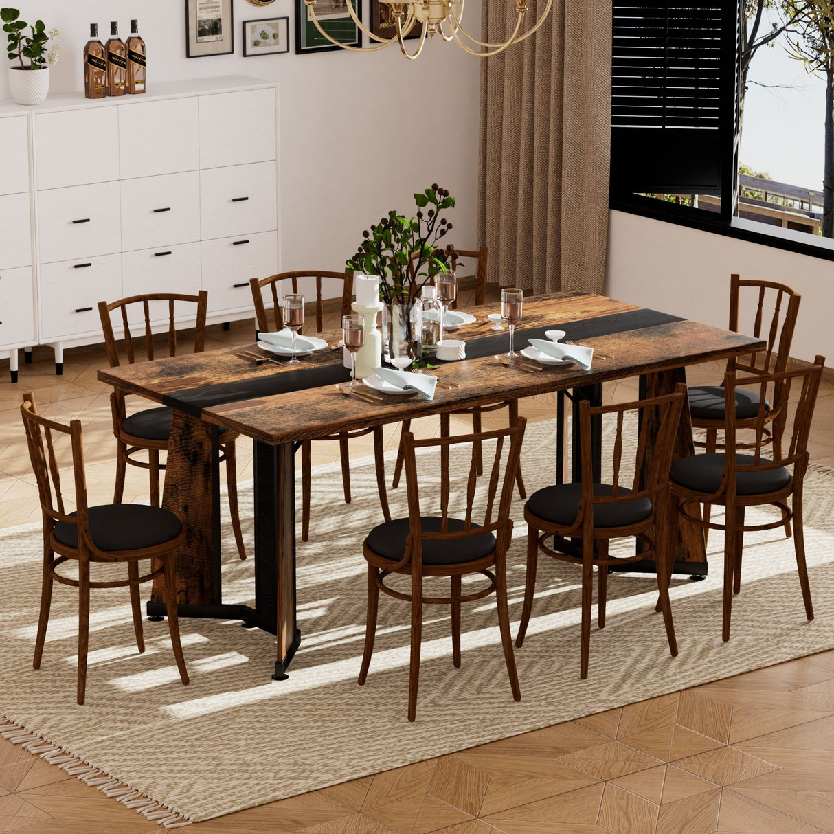 Rustic Rectangular Large Dining Table, Waterproof Desk For 8 People, & Steel With Adjustable Legs - Black / Rustic Brown