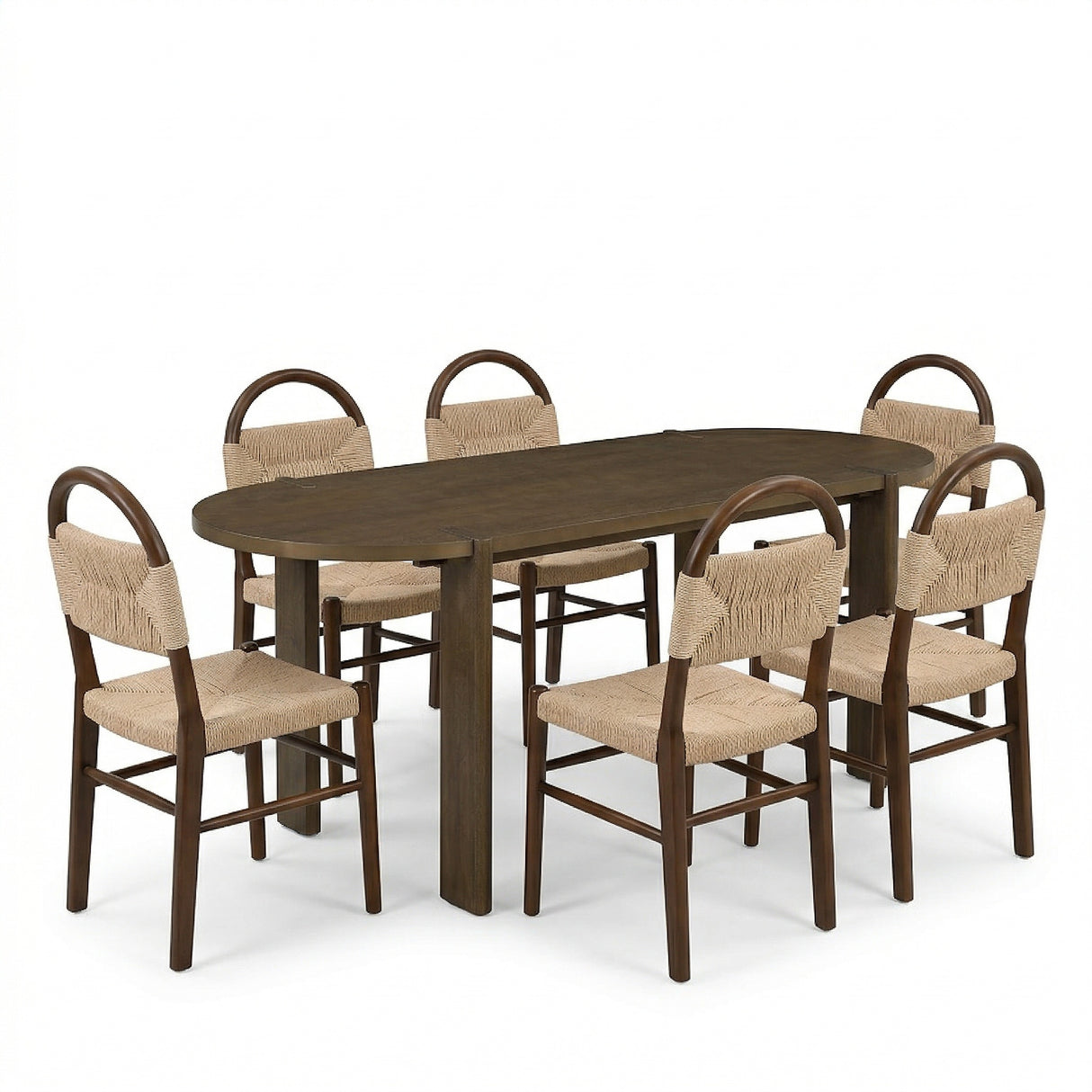 7 Pieces Modern Oval Dining Set, Rustic Farmhouse Solid Wood Kitchen Table Set for 6