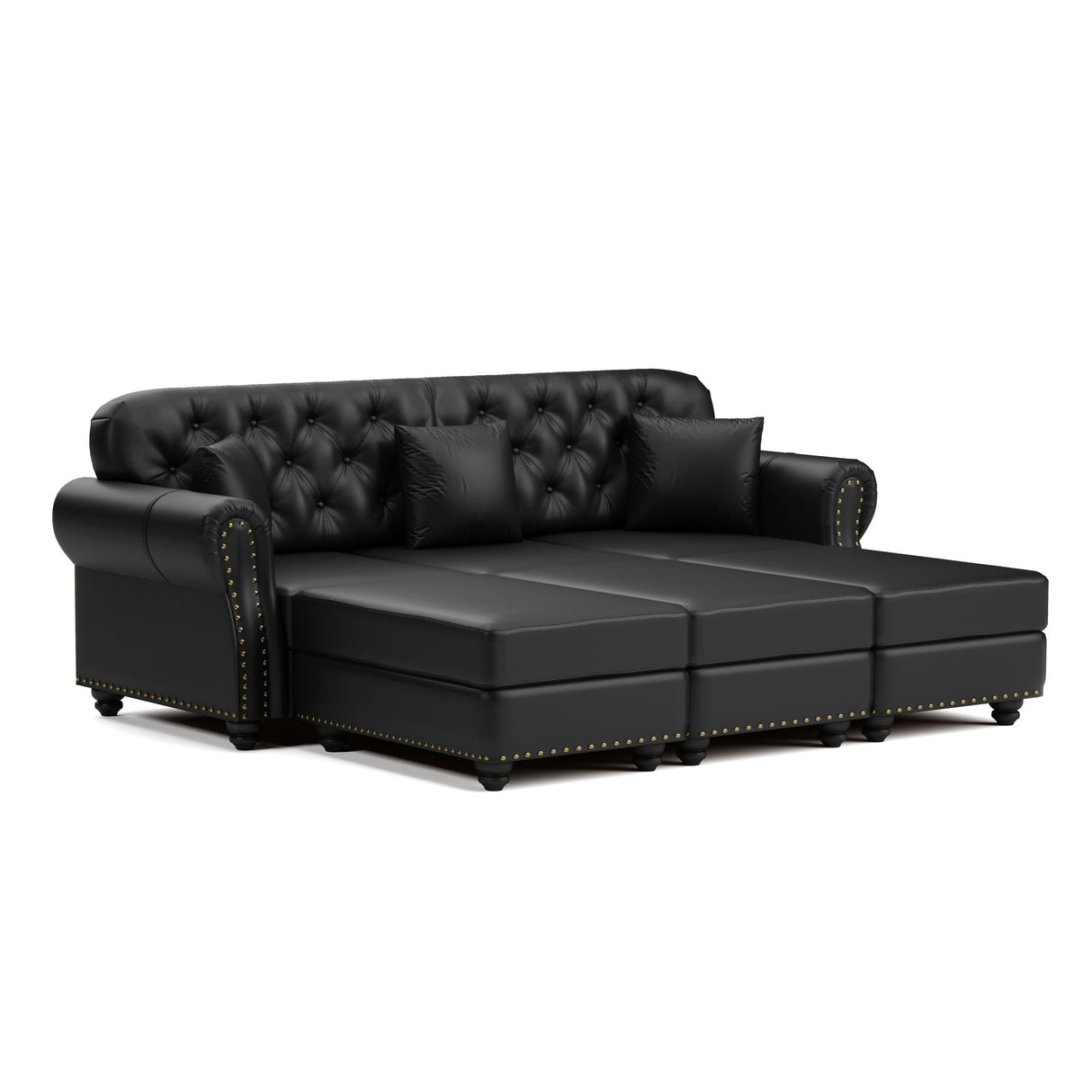 Upholstered Sofa With Nailhead Trim, Rolled Armrests With Ottoman