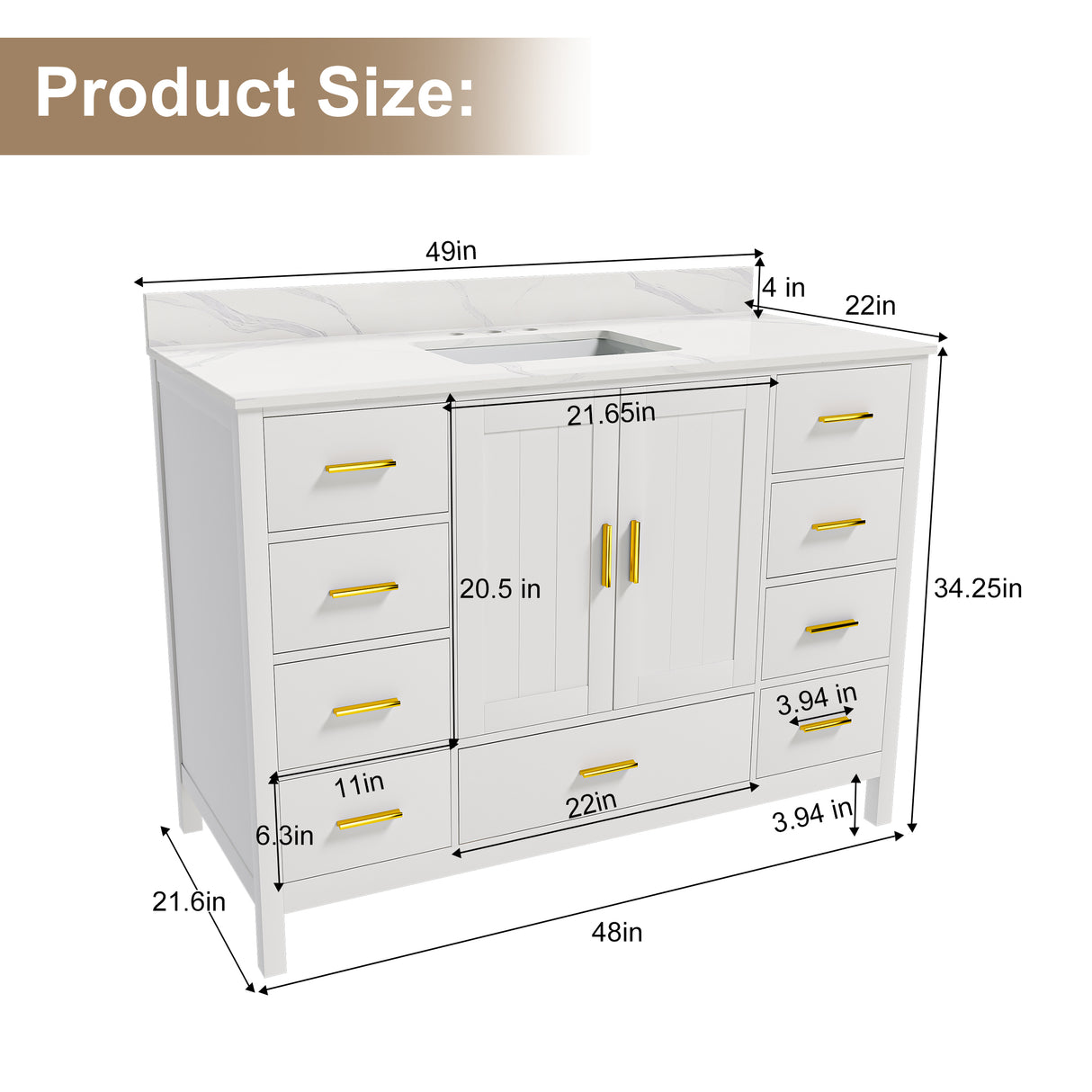 48" Modern Solid Wood Bathroom Vanity with Sink, 49" Carrara