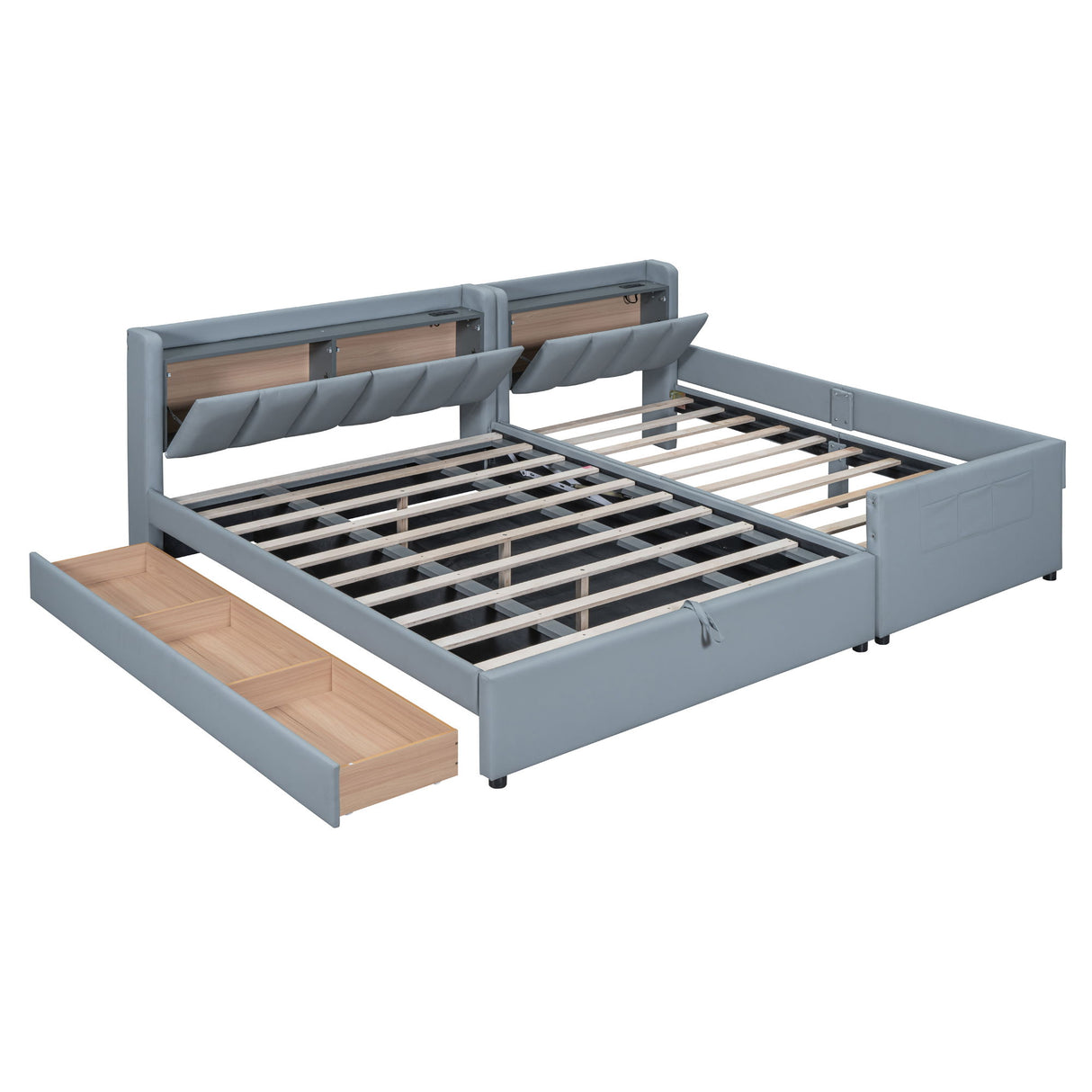 Upholstered Mother & Child Bed With Hydraulic Storage System, Drawer Box, Bedhead Storage Shelf And 2 Pairs Of Sockets & USB Ports