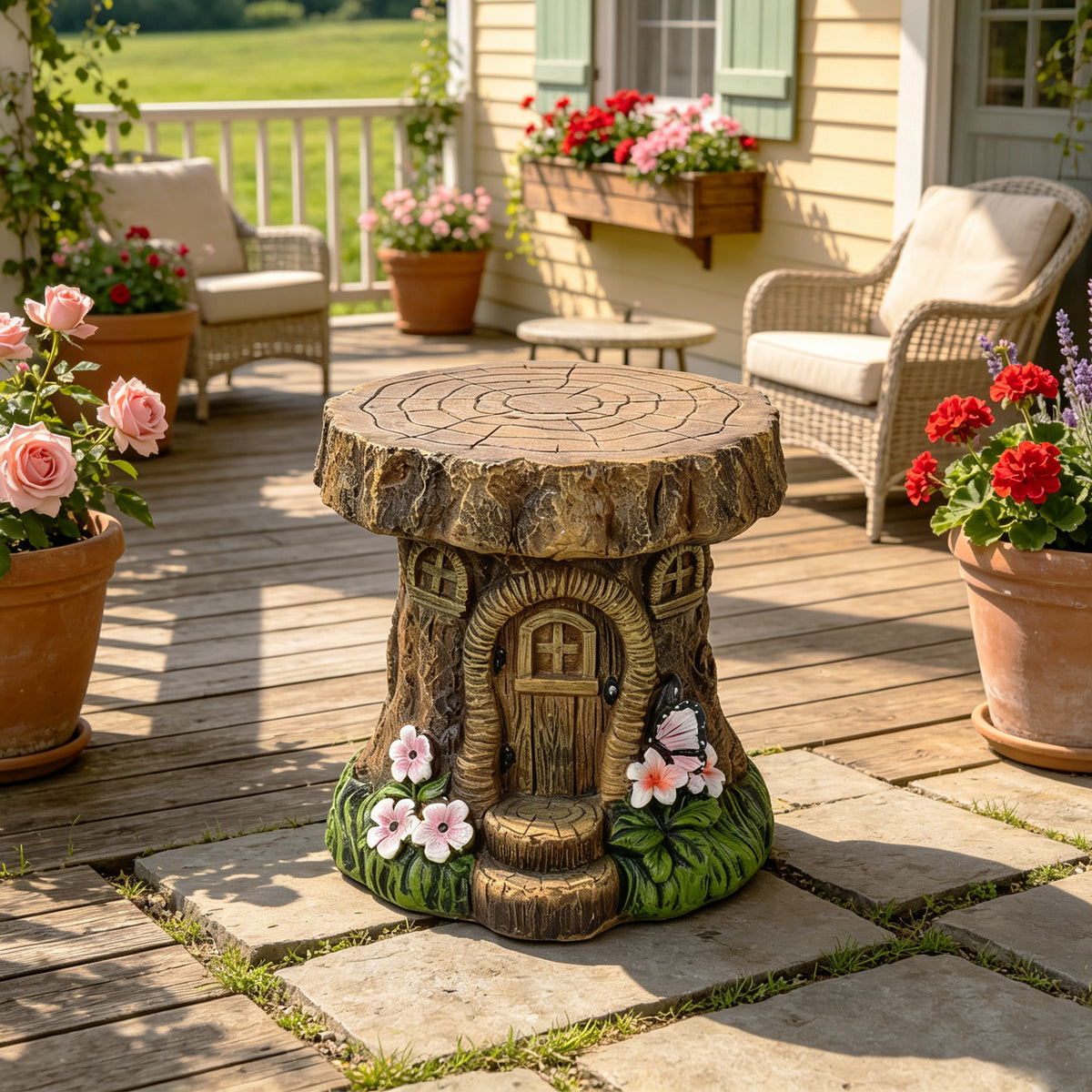 Tree Stump Fairy House Sculptures Garden Statue Stool with Whimsical Design