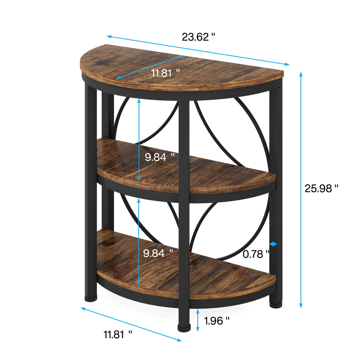 3 Tier Half Moon End Table, Space Saving Semi Circle - Deep Rustic Brown