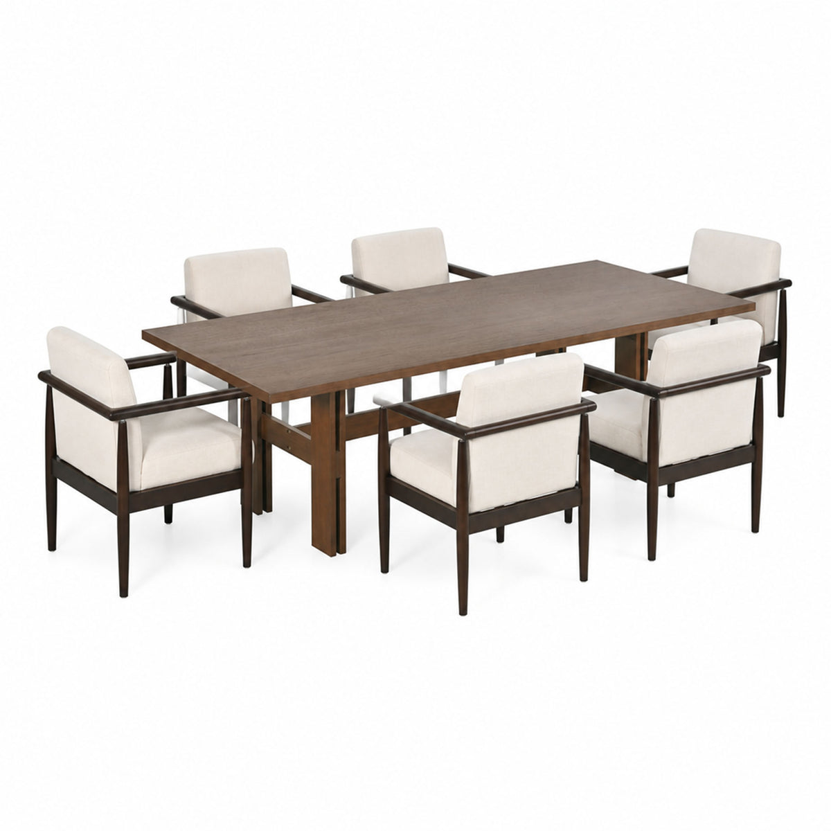 7-Piece Dining Table Set, Mid-Century 71" Rubber Wood