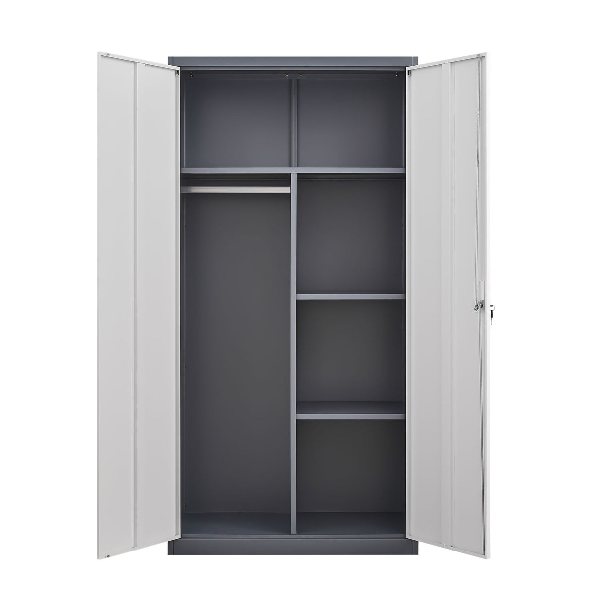 Wardrobe With Hanging Rod And Compartments, Lockable Closet With Locks & Keys For Bedroom - Gray
