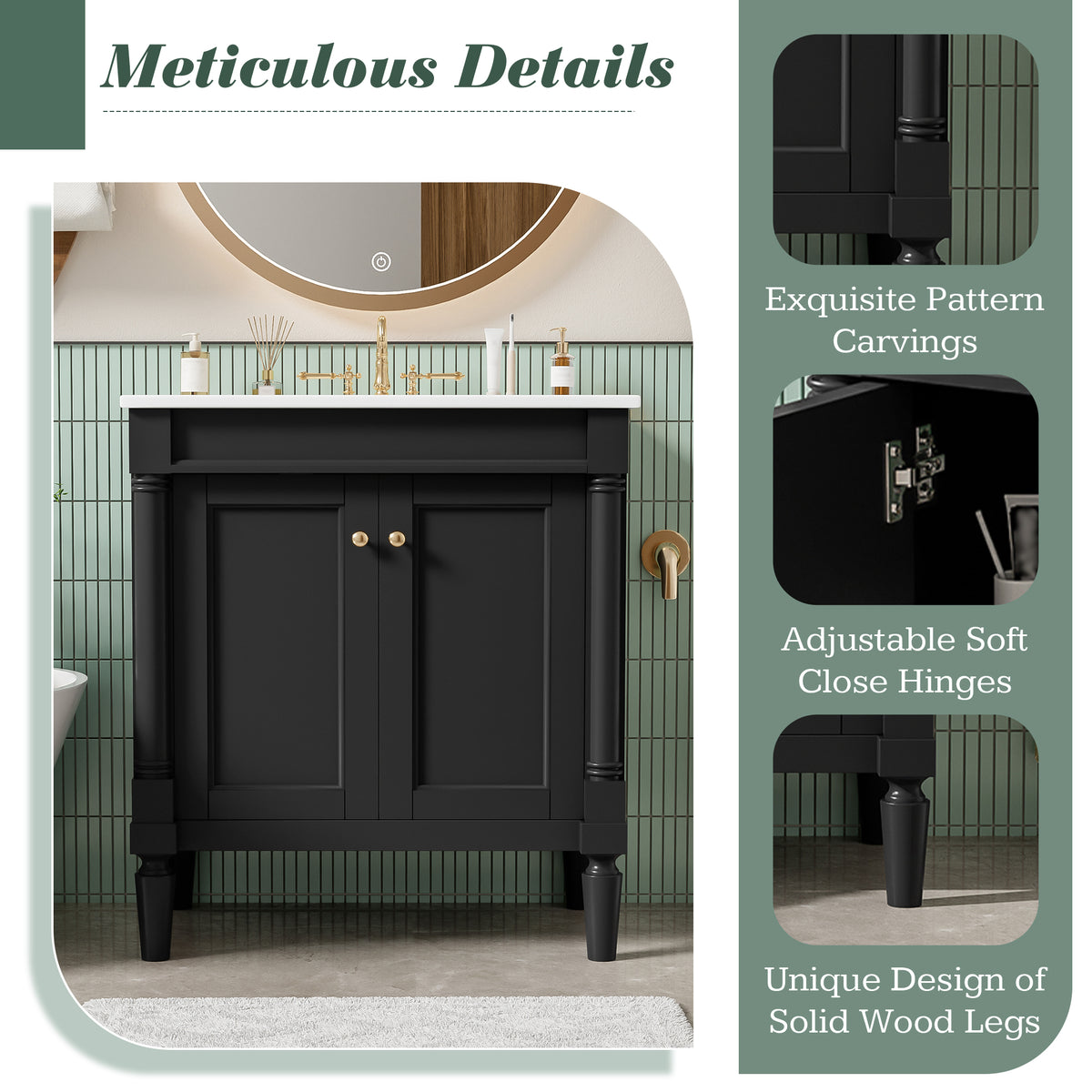 30" Luxurious Bathroom Vanity Cabinet with Ceramic Sink Basin