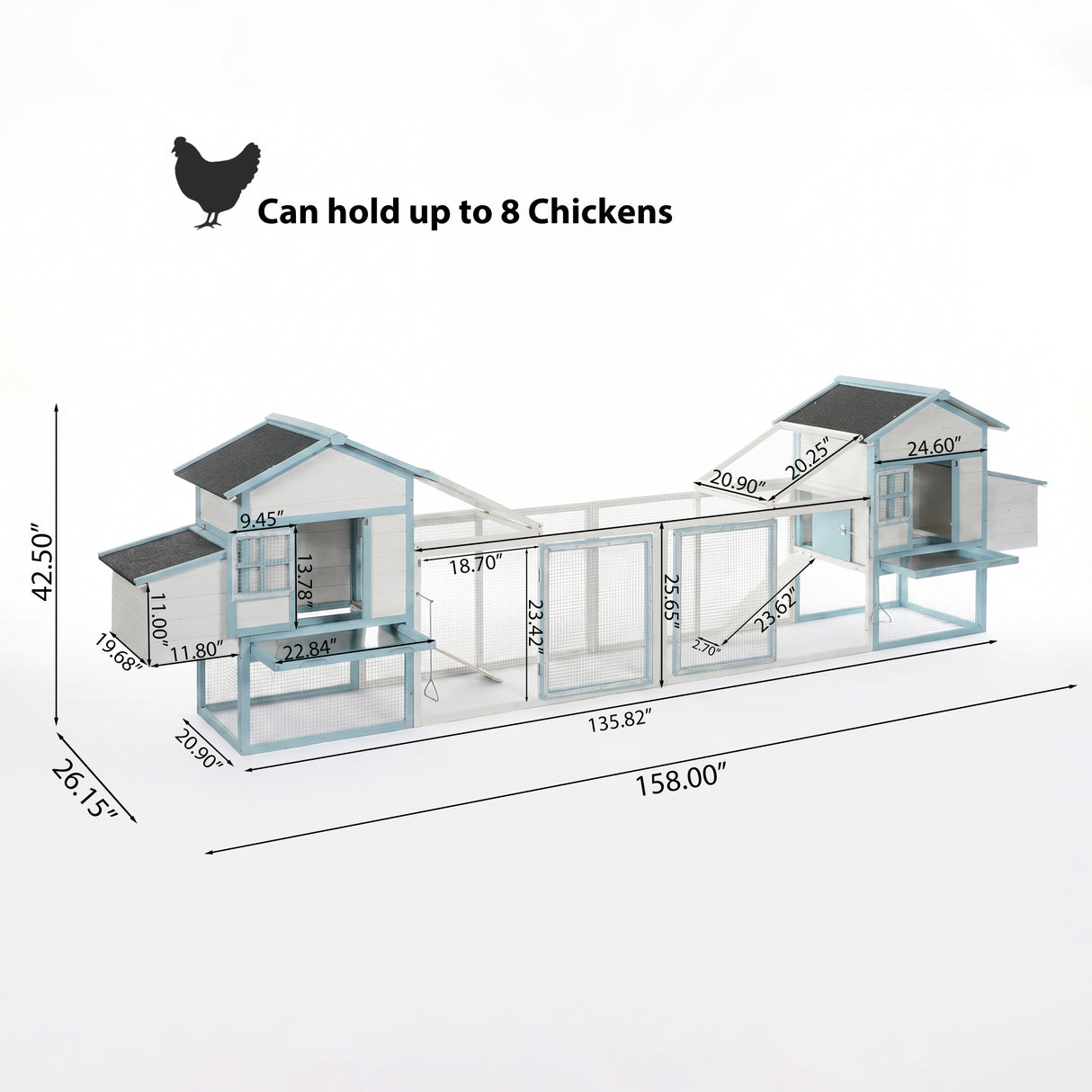 Large Wooden Chicken Coop with Double Nesting Boxes, Outdoor Walk-In Chicken Run with Waterproof Asphalt Roof, Fir Wood Poultry Cage with Pull-Out Dropping Trays